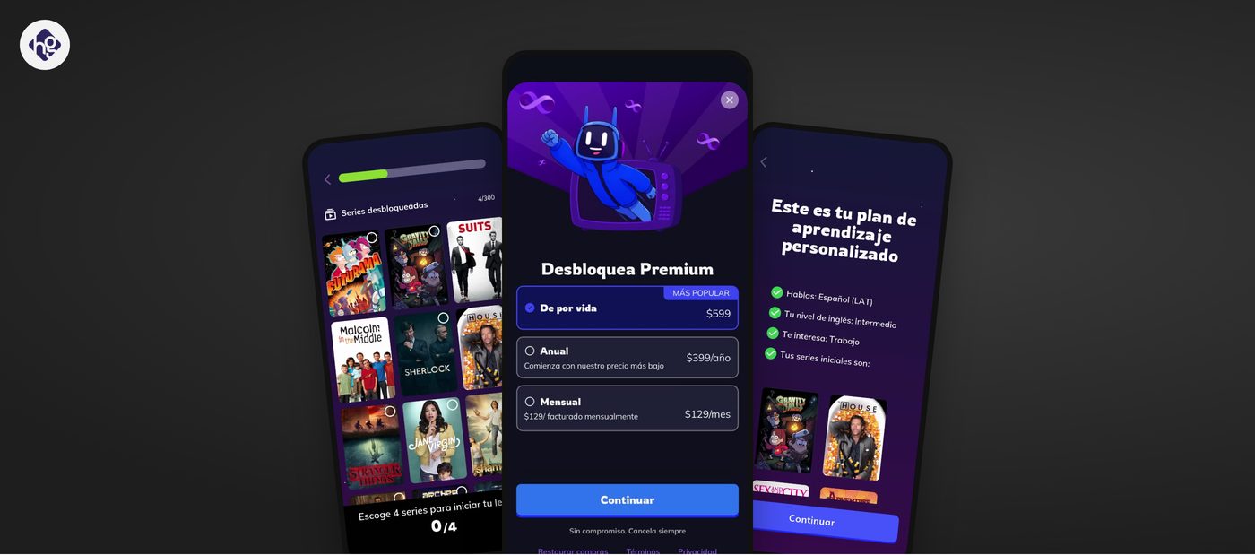Tres pantallas del onboarding de Wordbox: selección de cuatro series, el paywall con planes de por vida, anual y mensual, y el plan de aprendizaje personalizado.